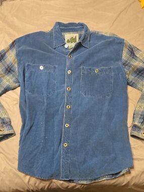 Vintage Blue Corduroy Button-Down Shirt with Plaid Sleeves